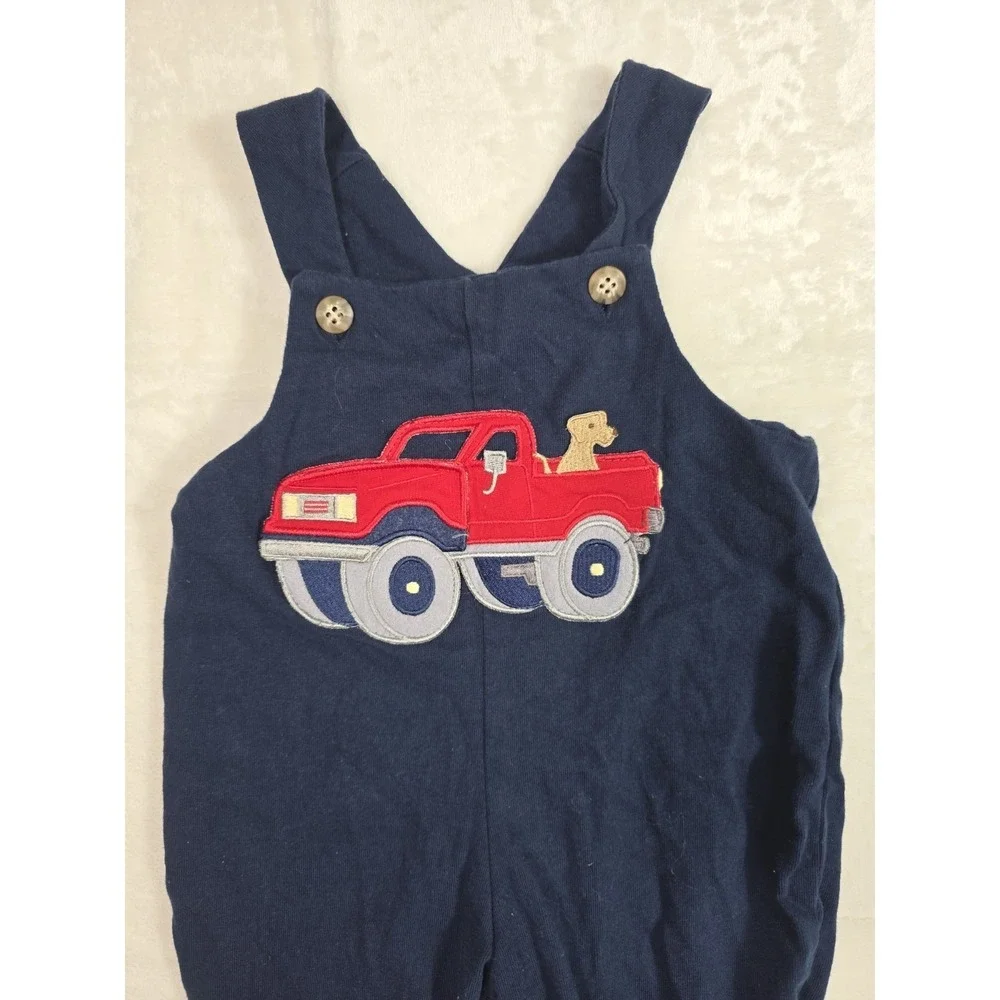 Y2K Baby Boy Navy Truck Puppy Overalls Romper 6-9M Cute Outfit